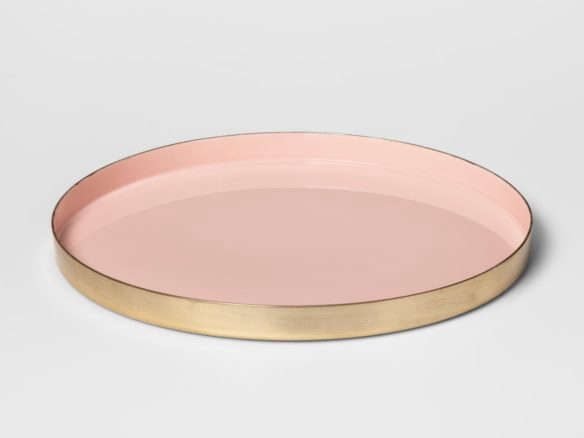 round brass enamel tray – pink/gold 8