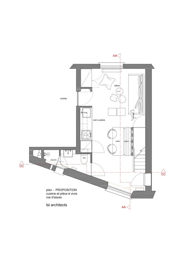 the living room and kitchen floor plan. the new bathroom is tucked opposite the 27