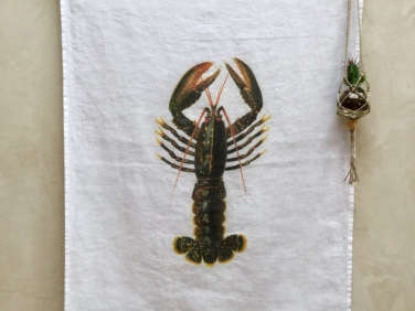 washed linen tea towel lobster print  