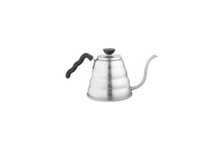 on the stove is the hario buono stainless steel gooseneck coffee kettle; \$47.5 25