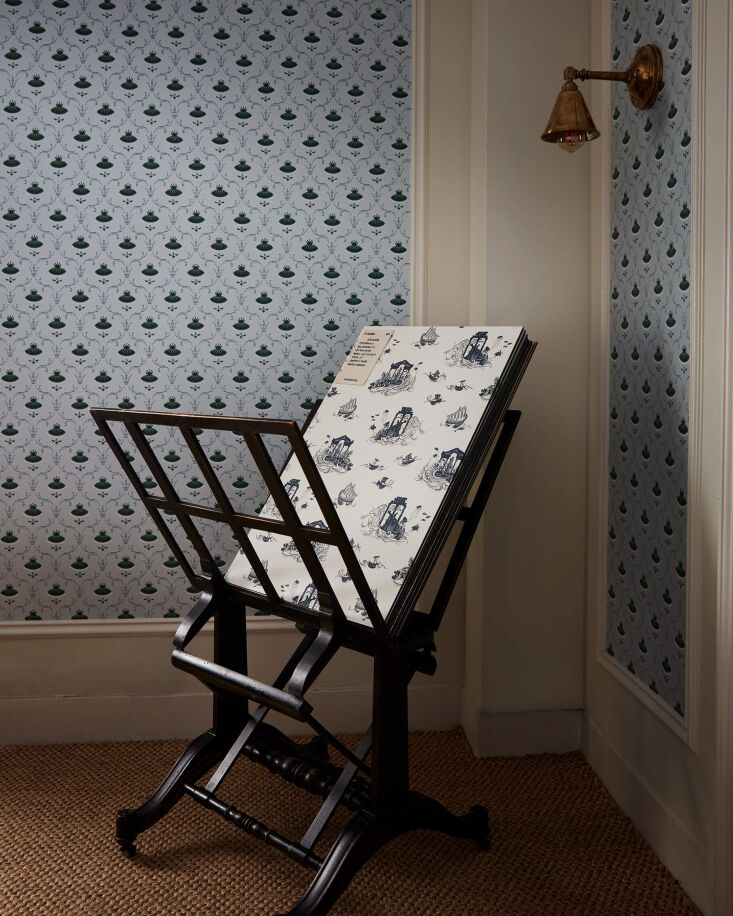 the showroom&#8217;s water lily wallpaper, nymphaea, is from zak + fox&am 13
