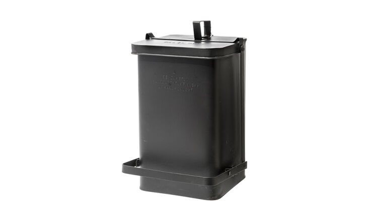 puebco&#8217;s workhorse black step trash can is made of steel; $180 fr 14