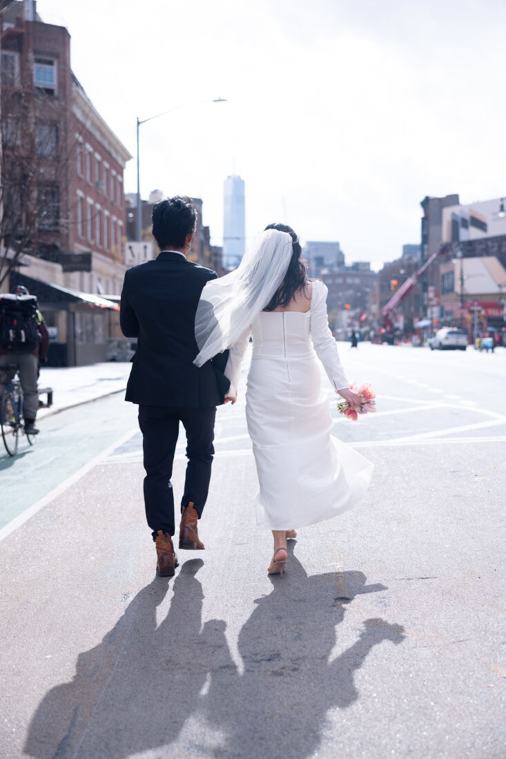 no limo needed. the newlyweds strut up seventh avenue. 19