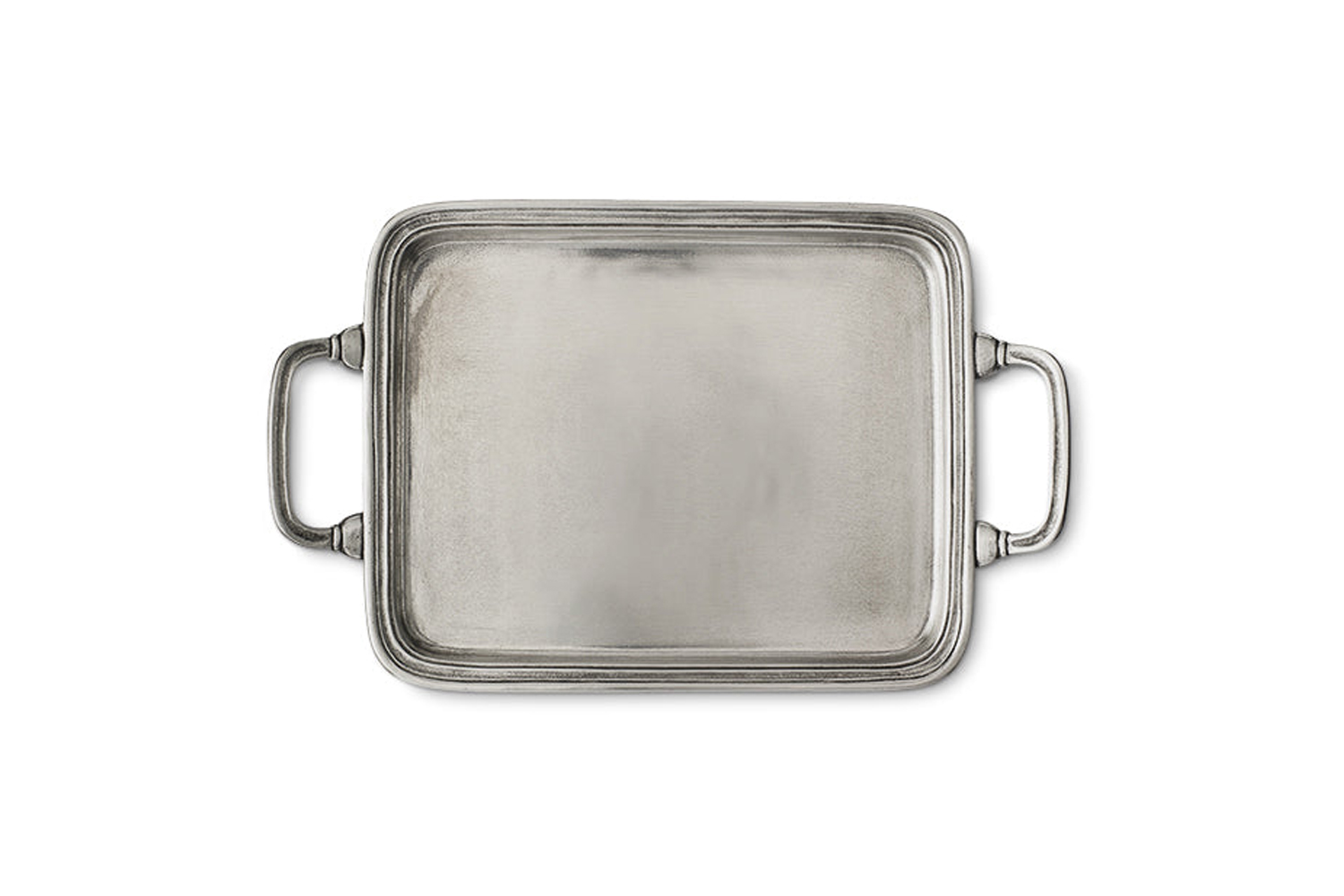 the match pewter rectangular tray with handles in size large is \$7\10 at nicke 10