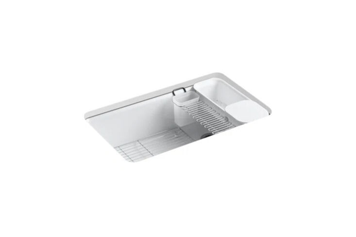 the kohler riverby 33 inch undermount single basin cast iron kitchen sink is \$ 23
