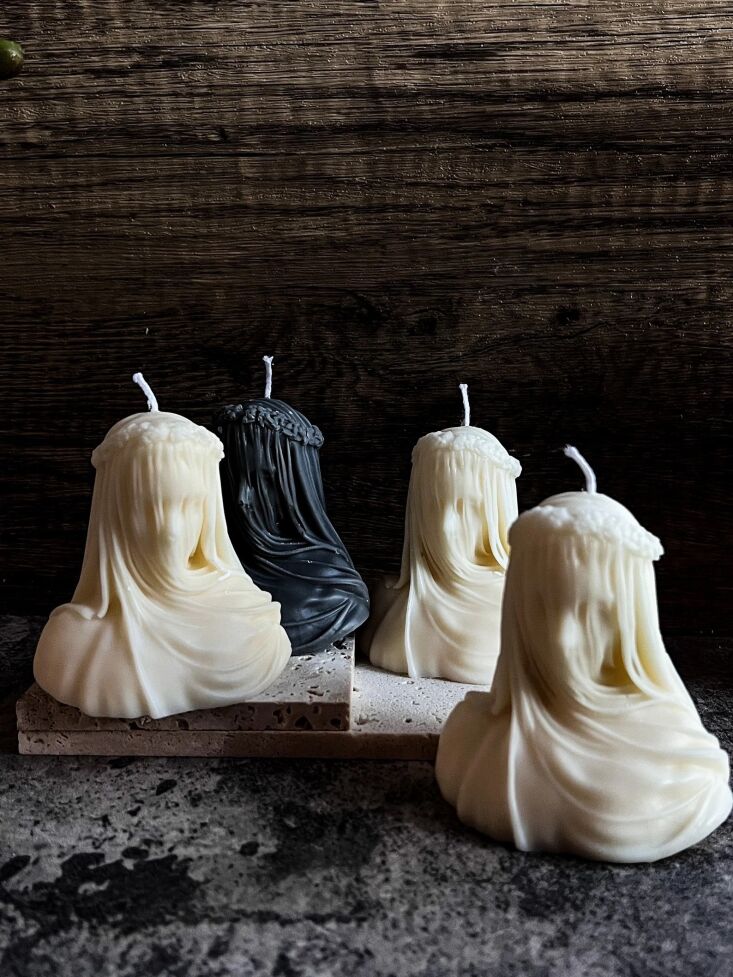 a good choice for the halloween mantel: the small veiled lady candle starts at  9