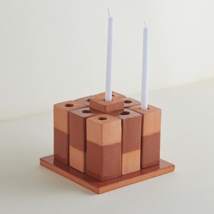 the jst x b. zippy menorah, shown here in terracotta. a collaboration with la a 12