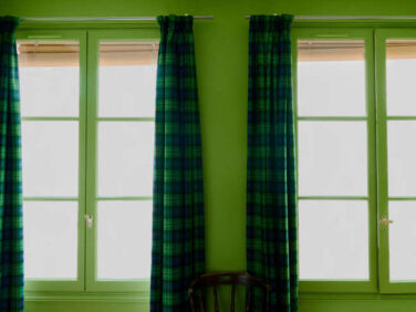 paris apartment green plaid curtains  
