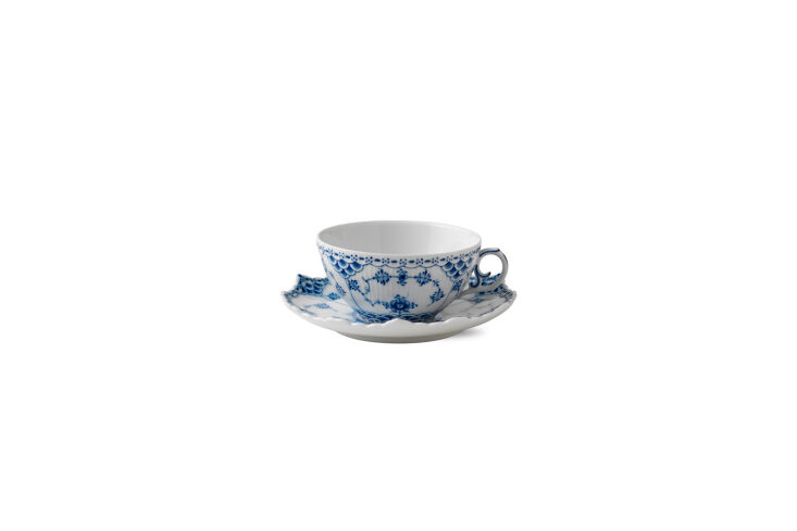the royal copenhagen blue fluted full lace cup and saucer is \$37\2 for a set o 26
