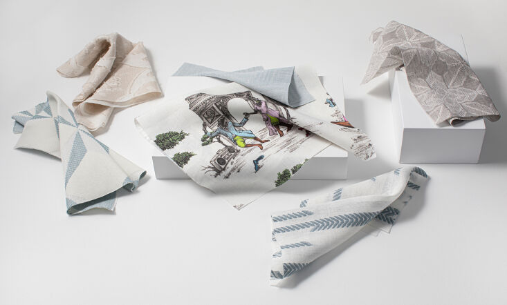 the new collection, left to right: pin wheel, blossom, harlem toile de jouy, ae 15