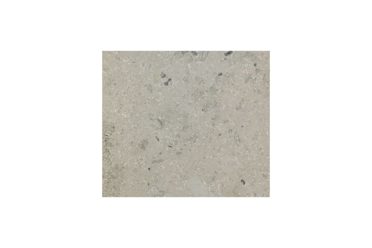 the countertops are jura gray, a durable limestone patterened with fossils and  14