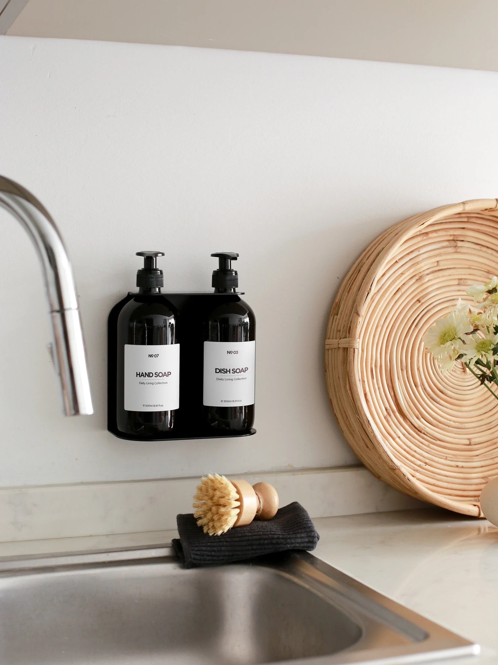 A Sink-Side Tray With DIY Soap Bottle Labels (Kitchen Organization