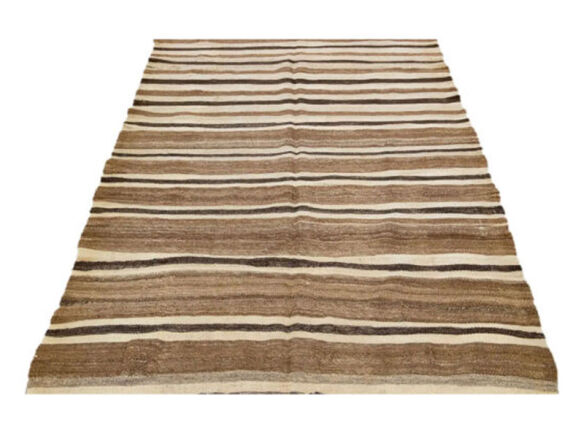 brown vintage kilim handmade flatweave striped motif wool rug 8