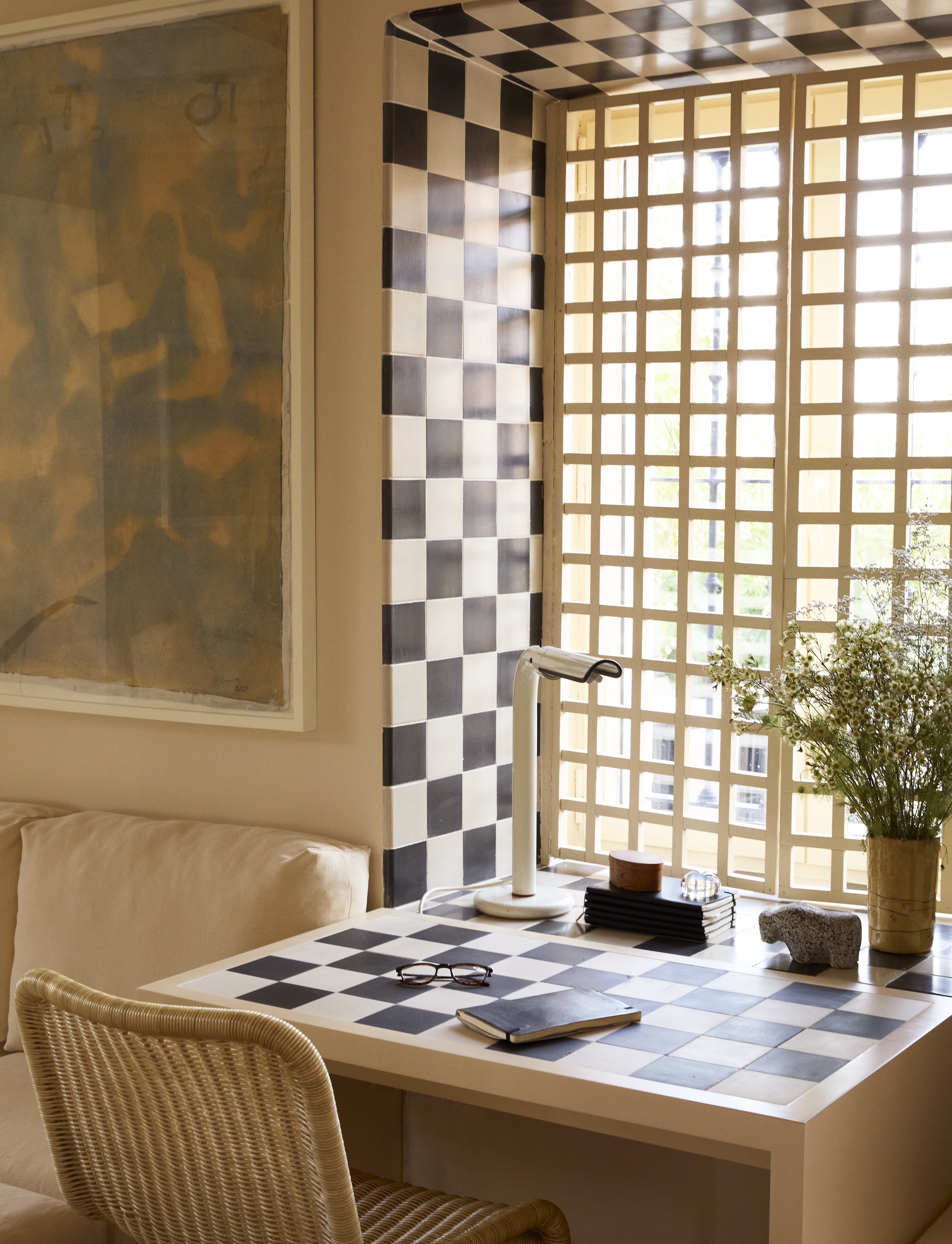 black and white cement tiles frame a living room window and pattern its built i 18