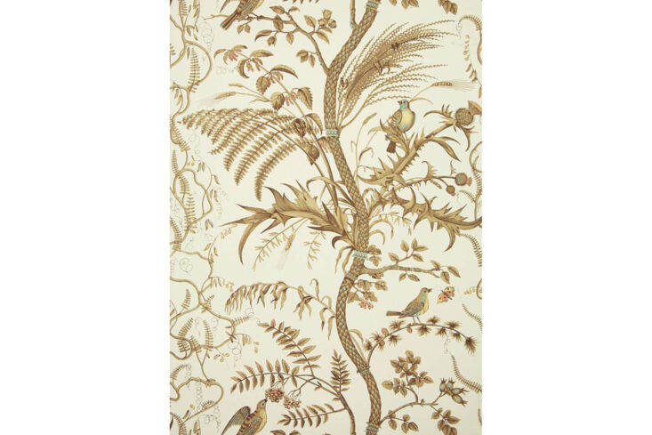 the wallpaper in the hallway is the bird and thistle beige wallpaper print from 23