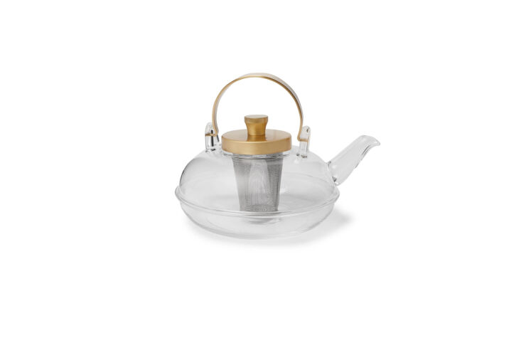 the wide hirota glass teapot with an interior strainer and gold finish metal to 19