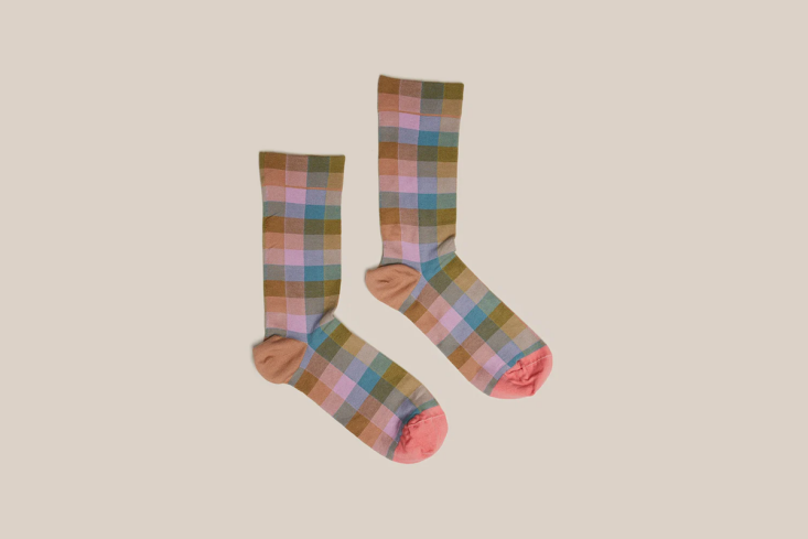 annie likes the check multico socks by bonne maison, made in france; \$\2\2 per 17