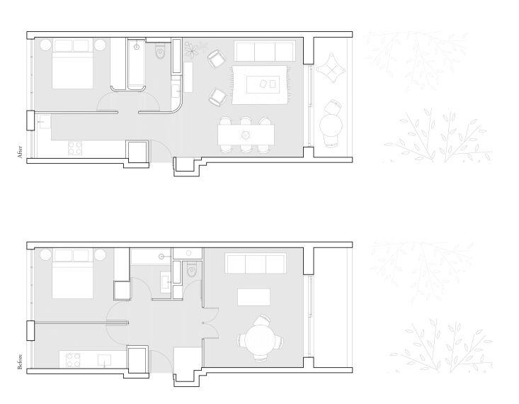 architectural plans show the apartment&#8\2\17;s transformation. 32