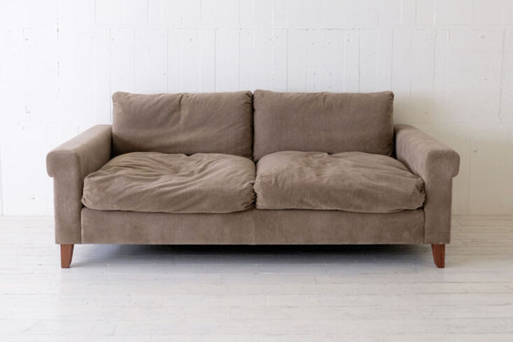 decidedly basement chic, the japanese made fk 3 seater sofa is shown in greige  18
