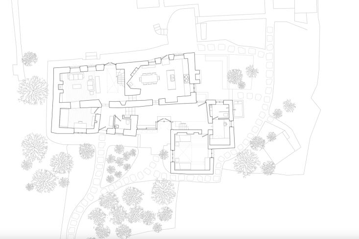 the plan of the ground floor shows the older structure and the addition at righ 32