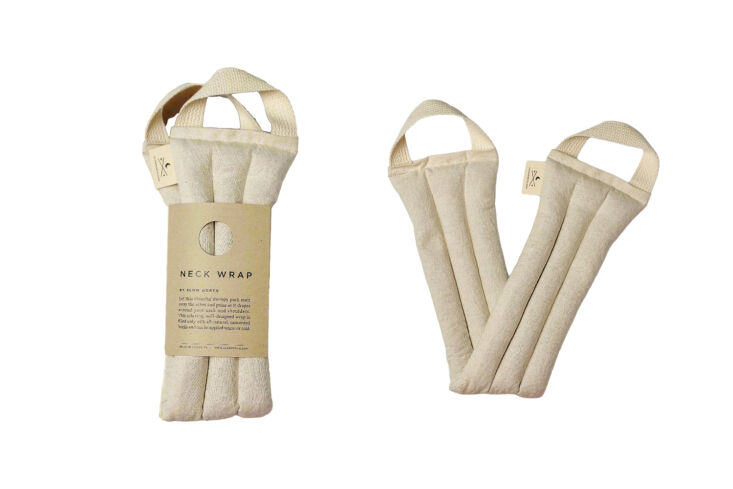 a natural linen and cotton weighted neck wrap, the slow north neck wrap, is fil 18