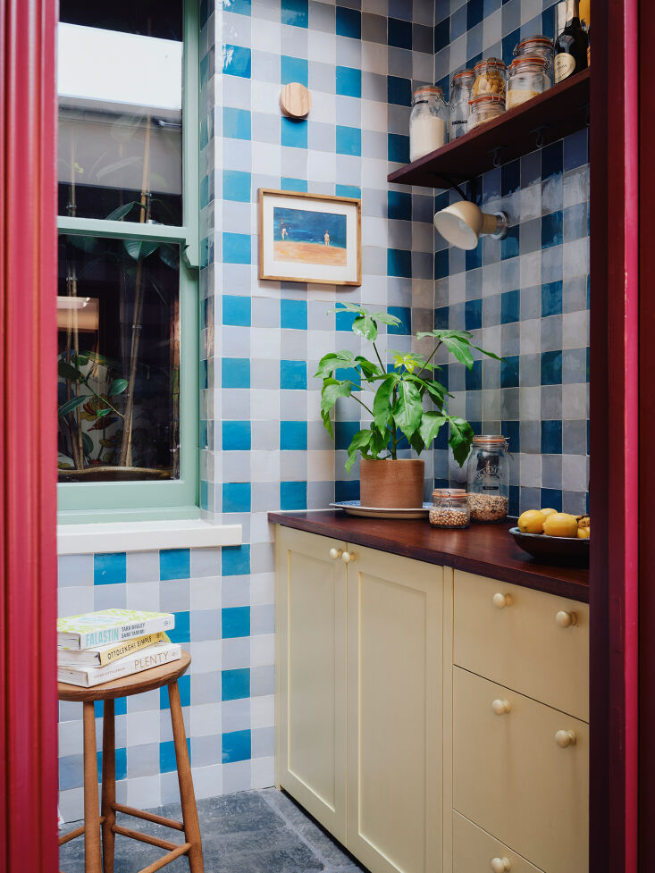 in the new pantry, the designers created a gingham pattern on the walls using b 22