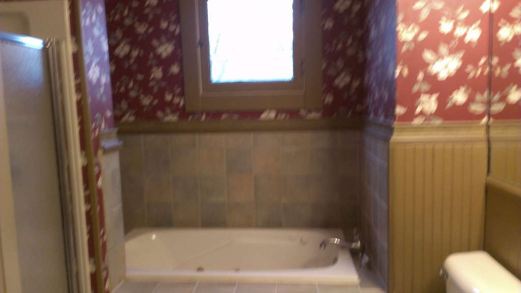 before: red wallpaper, green tile and early model "spa" tub 11