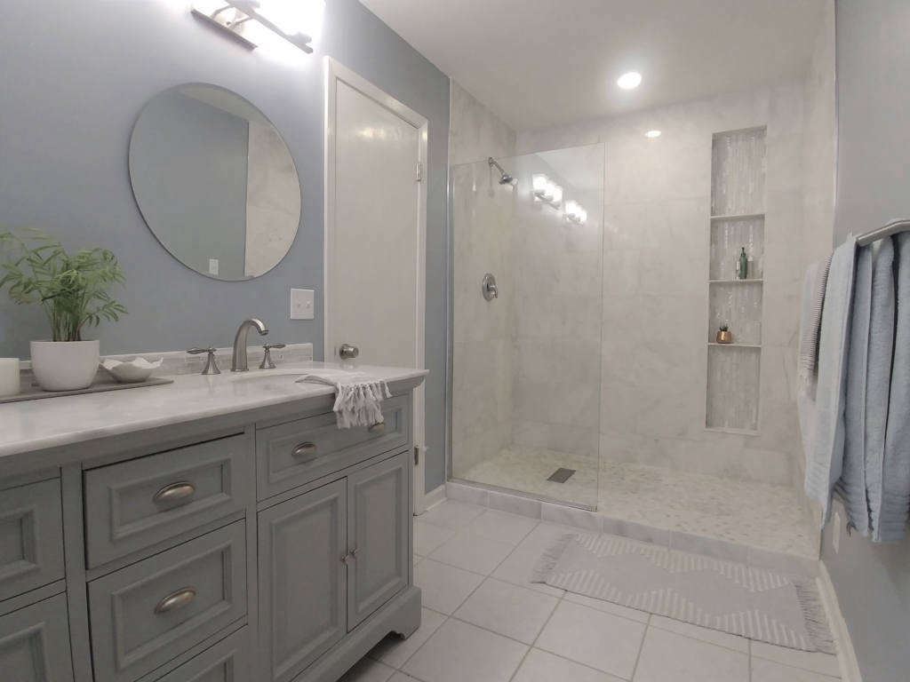 en suite with walk in shower and double vanity 7